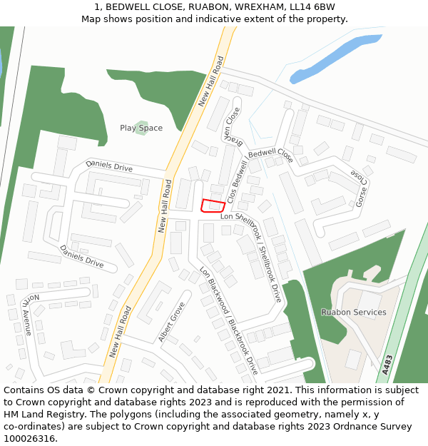 1, BEDWELL CLOSE, RUABON, WREXHAM, LL14 6BW: Location map and indicative extent of plot