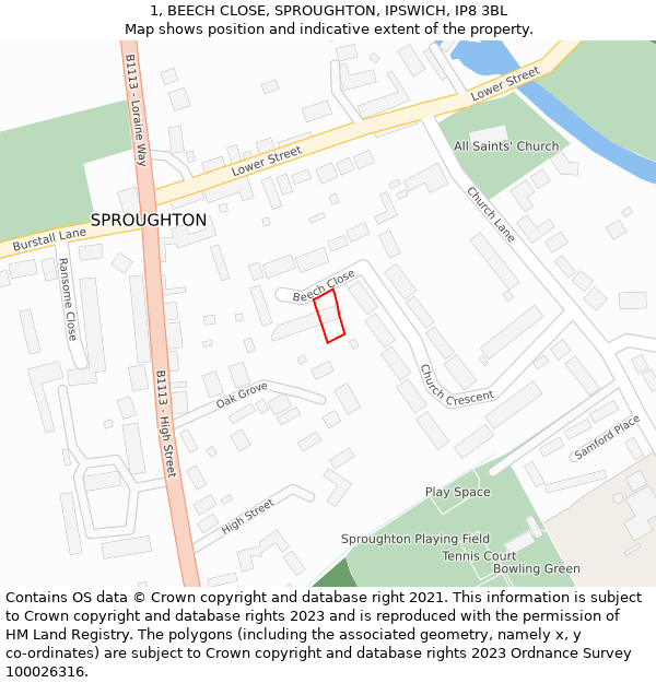 1, BEECH CLOSE, SPROUGHTON, IPSWICH, IP8 3BL: Location map and indicative extent of plot