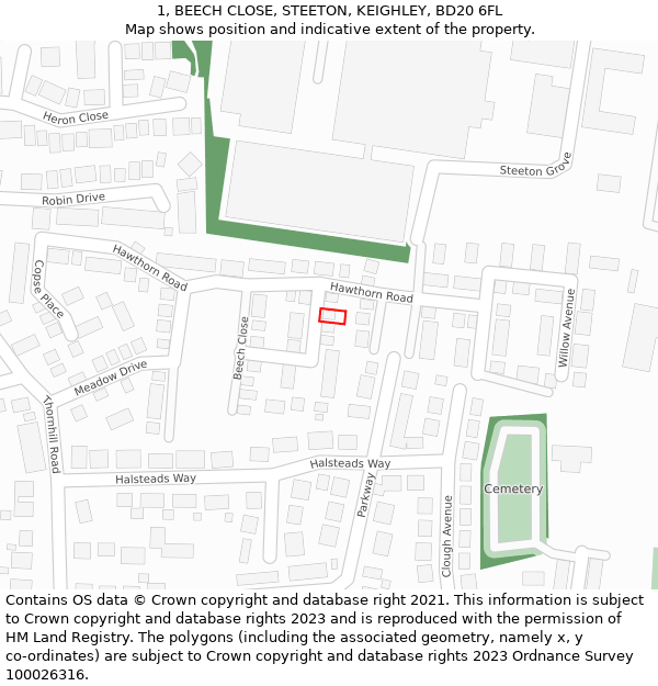 1, BEECH CLOSE, STEETON, KEIGHLEY, BD20 6FL: Location map and indicative extent of plot