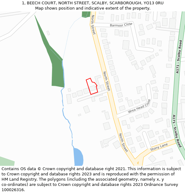 1, BEECH COURT, NORTH STREET, SCALBY, SCARBOROUGH, YO13 0RU: Location map and indicative extent of plot