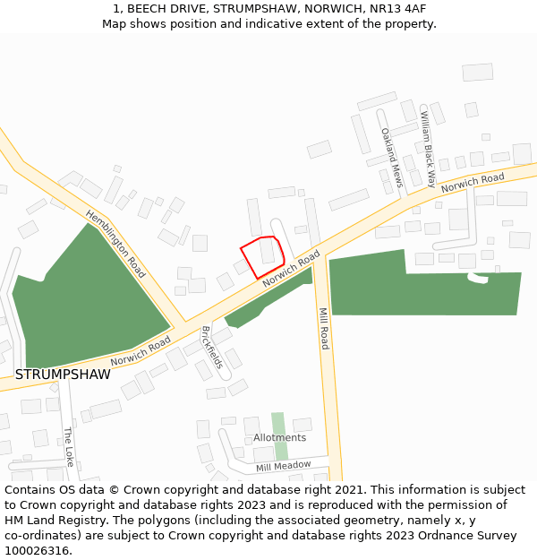 1, BEECH DRIVE, STRUMPSHAW, NORWICH, NR13 4AF: Location map and indicative extent of plot