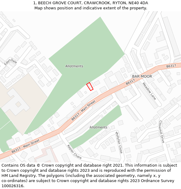 1, BEECH GROVE COURT, CRAWCROOK, RYTON, NE40 4DA: Location map and indicative extent of plot