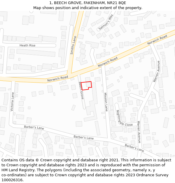 1, BEECH GROVE, FAKENHAM, NR21 8QE: Location map and indicative extent of plot