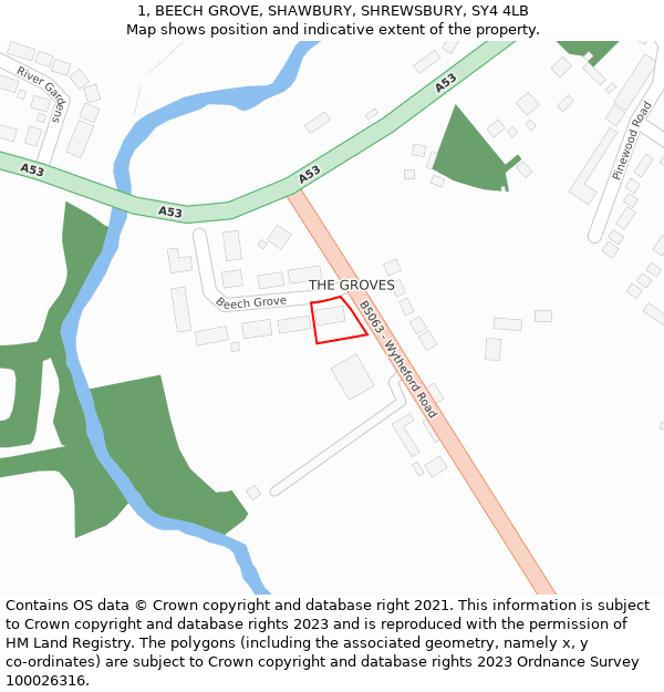 1, BEECH GROVE, SHAWBURY, SHREWSBURY, SY4 4LB: Location map and indicative extent of plot