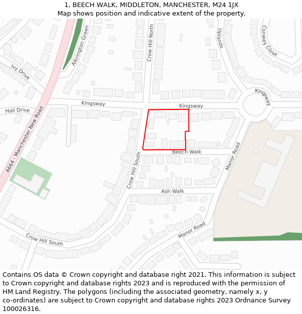 1, BEECH WALK, MIDDLETON, MANCHESTER, M24 1JX: Location map and indicative extent of plot