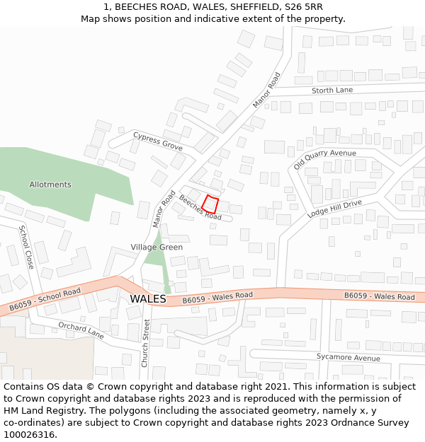 1, BEECHES ROAD, WALES, SHEFFIELD, S26 5RR: Location map and indicative extent of plot