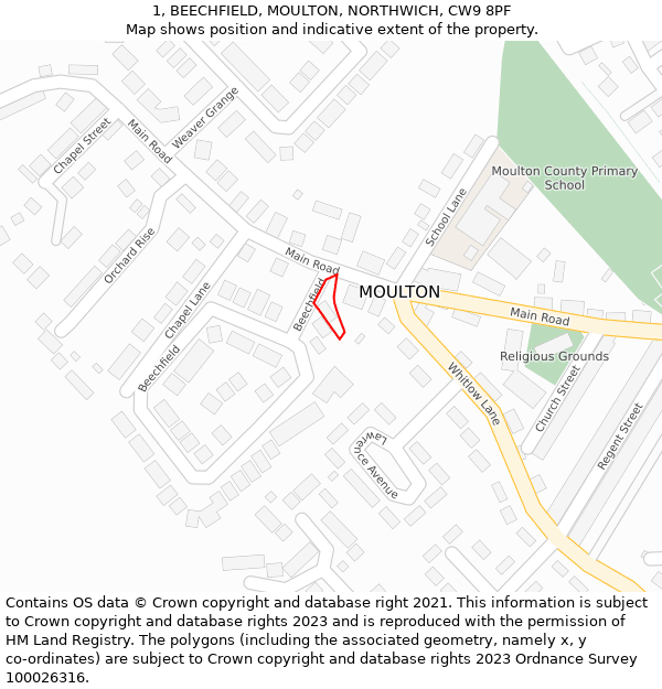 1, BEECHFIELD, MOULTON, NORTHWICH, CW9 8PF: Location map and indicative extent of plot