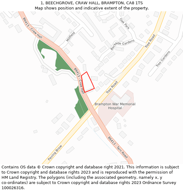 1, BEECHGROVE, CRAW HALL, BRAMPTON, CA8 1TS: Location map and indicative extent of plot