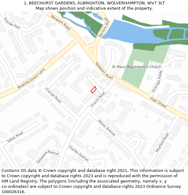 1, BEECHURST GARDENS, ALBRIGHTON, WOLVERHAMPTON, WV7 3LT: Location map and indicative extent of plot