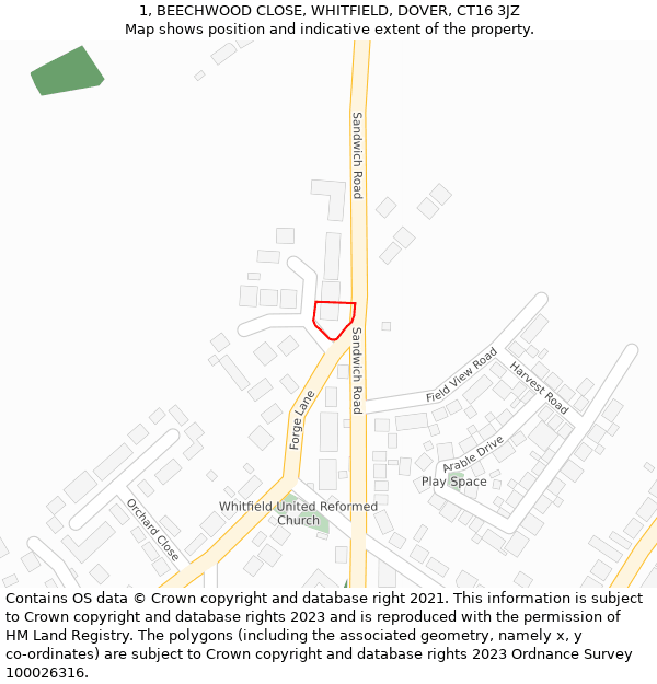 1, BEECHWOOD CLOSE, WHITFIELD, DOVER, CT16 3JZ: Location map and indicative extent of plot