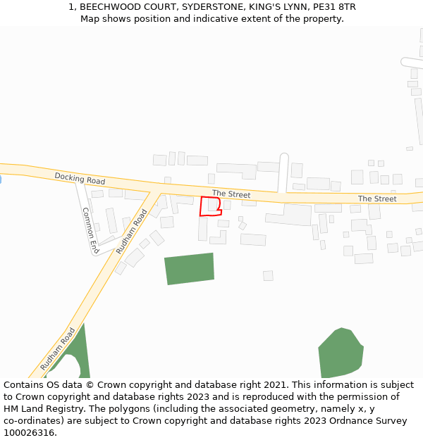 1, BEECHWOOD COURT, SYDERSTONE, KING'S LYNN, PE31 8TR: Location map and indicative extent of plot