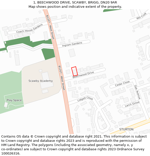 1, BEECHWOOD DRIVE, SCAWBY, BRIGG, DN20 9AR: Location map and indicative extent of plot