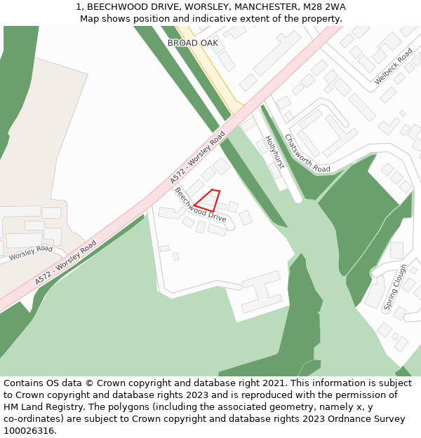 1, BEECHWOOD DRIVE, WORSLEY, MANCHESTER, M28 2WA: Location map and indicative extent of plot