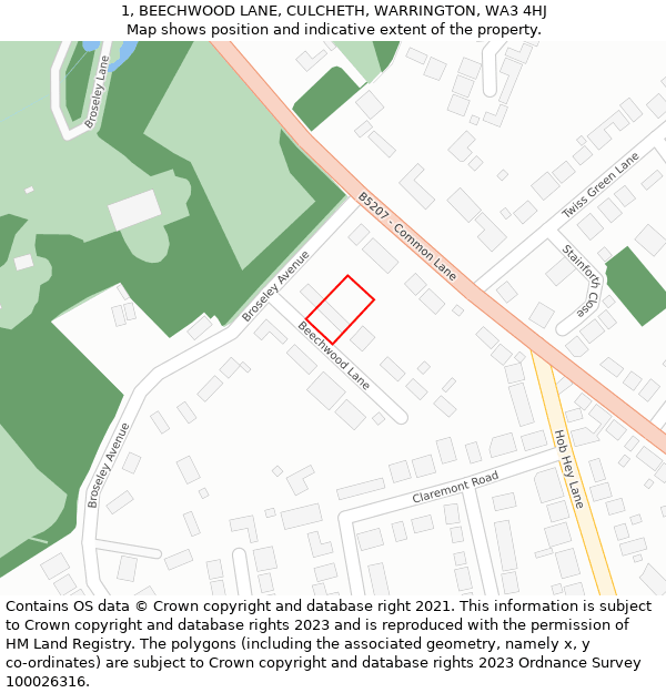 1, BEECHWOOD LANE, CULCHETH, WARRINGTON, WA3 4HJ: Location map and indicative extent of plot