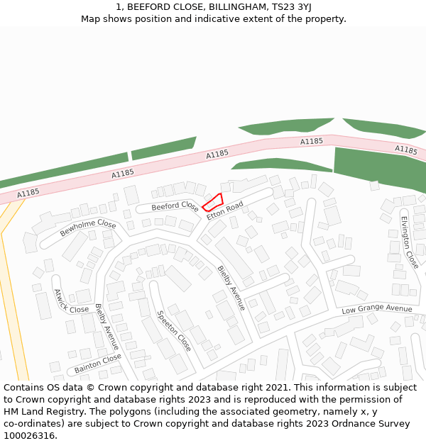 1, BEEFORD CLOSE, BILLINGHAM, TS23 3YJ: Location map and indicative extent of plot