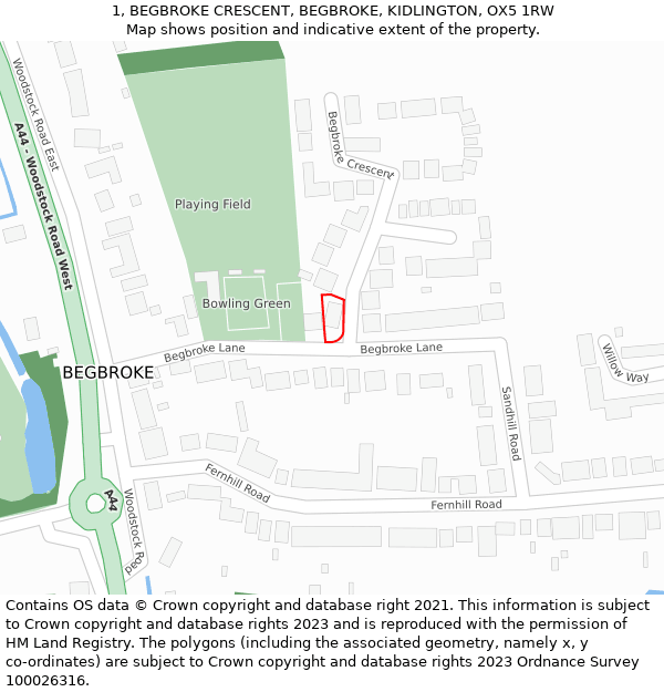 1, BEGBROKE CRESCENT, BEGBROKE, KIDLINGTON, OX5 1RW: Location map and indicative extent of plot