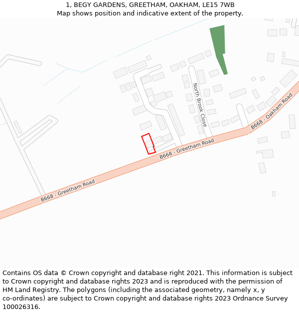 1, BEGY GARDENS, GREETHAM, OAKHAM, LE15 7WB: Location map and indicative extent of plot