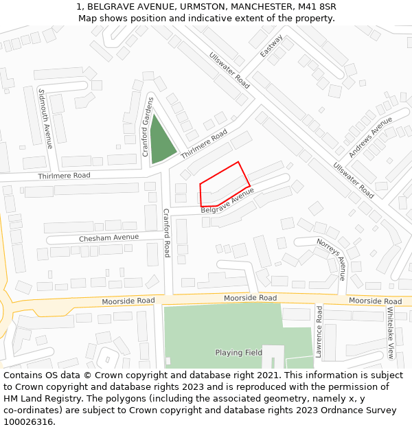 1, BELGRAVE AVENUE, URMSTON, MANCHESTER, M41 8SR: Location map and indicative extent of plot