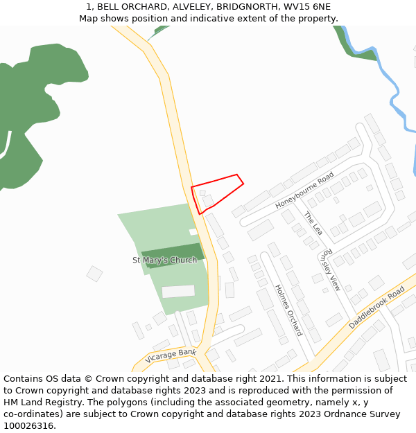 1, BELL ORCHARD, ALVELEY, BRIDGNORTH, WV15 6NE: Location map and indicative extent of plot