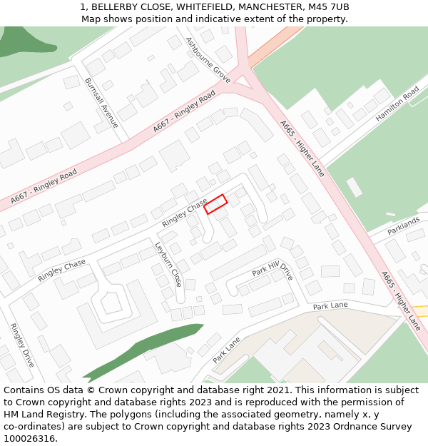 1, BELLERBY CLOSE, WHITEFIELD, MANCHESTER, M45 7UB: Location map and indicative extent of plot