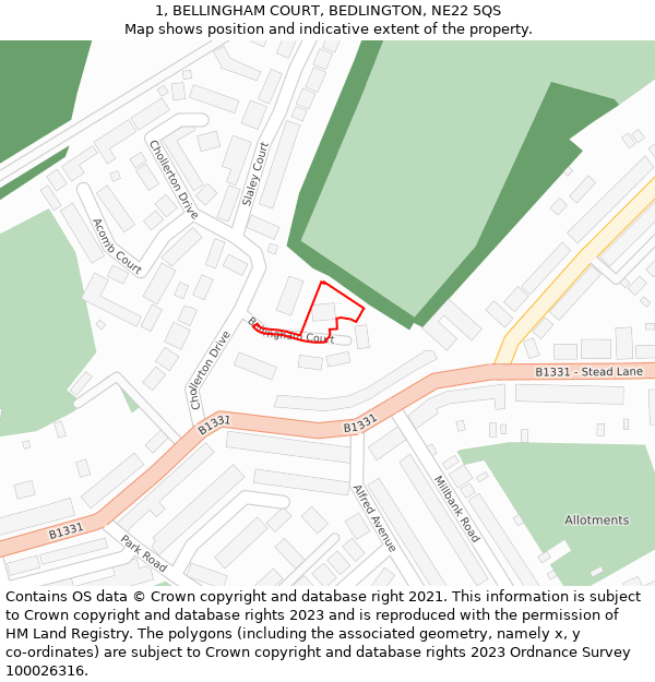 1, BELLINGHAM COURT, BEDLINGTON, NE22 5QS: Location map and indicative extent of plot