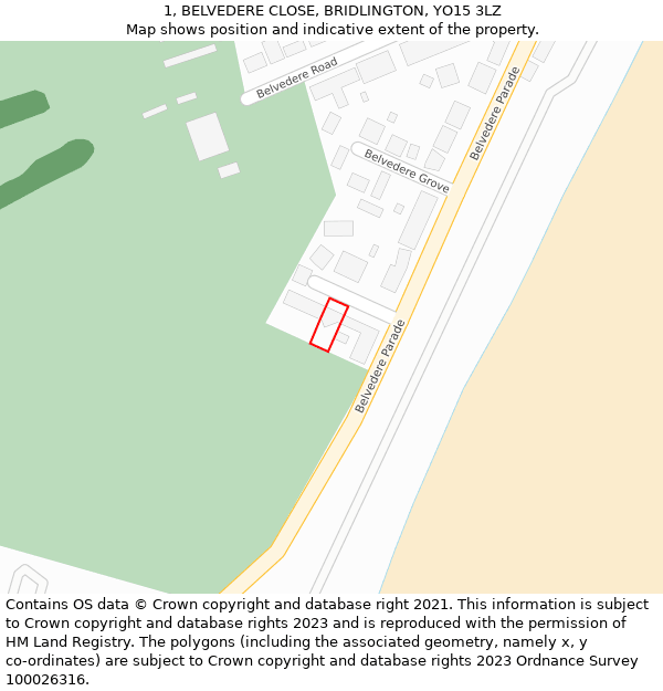 1, BELVEDERE CLOSE, BRIDLINGTON, YO15 3LZ: Location map and indicative extent of plot