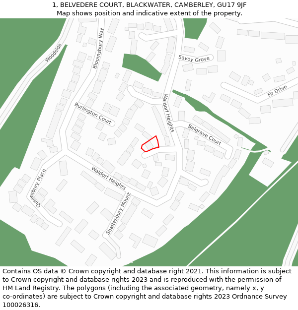 1, BELVEDERE COURT, BLACKWATER, CAMBERLEY, GU17 9JF: Location map and indicative extent of plot