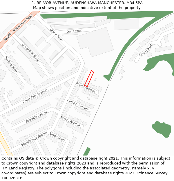 1, BELVOR AVENUE, AUDENSHAW, MANCHESTER, M34 5PA: Location map and indicative extent of plot