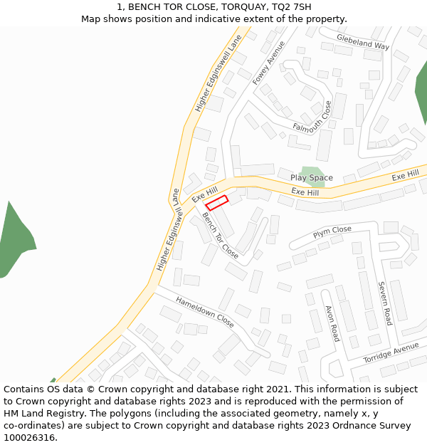 1, BENCH TOR CLOSE, TORQUAY, TQ2 7SH: Location map and indicative extent of plot