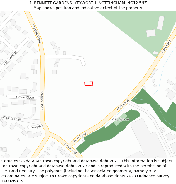 1, BENNETT GARDENS, KEYWORTH, NOTTINGHAM, NG12 5NZ: Location map and indicative extent of plot