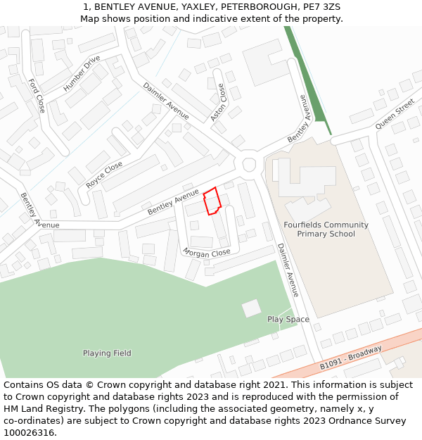 1, BENTLEY AVENUE, YAXLEY, PETERBOROUGH, PE7 3ZS: Location map and indicative extent of plot