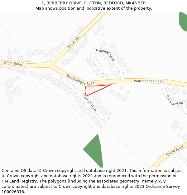 1, BERBERRY DRIVE, FLITTON, BEDFORD, MK45 5ER: Location map and indicative extent of plot