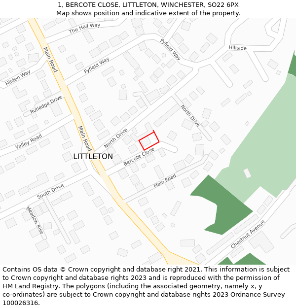 1, BERCOTE CLOSE, LITTLETON, WINCHESTER, SO22 6PX: Location map and indicative extent of plot