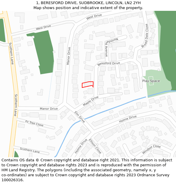 1, BERESFORD DRIVE, SUDBROOKE, LINCOLN, LN2 2YH: Location map and indicative extent of plot