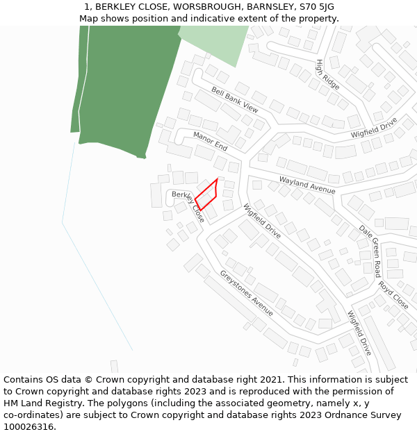 1, BERKLEY CLOSE, WORSBROUGH, BARNSLEY, S70 5JG: Location map and indicative extent of plot