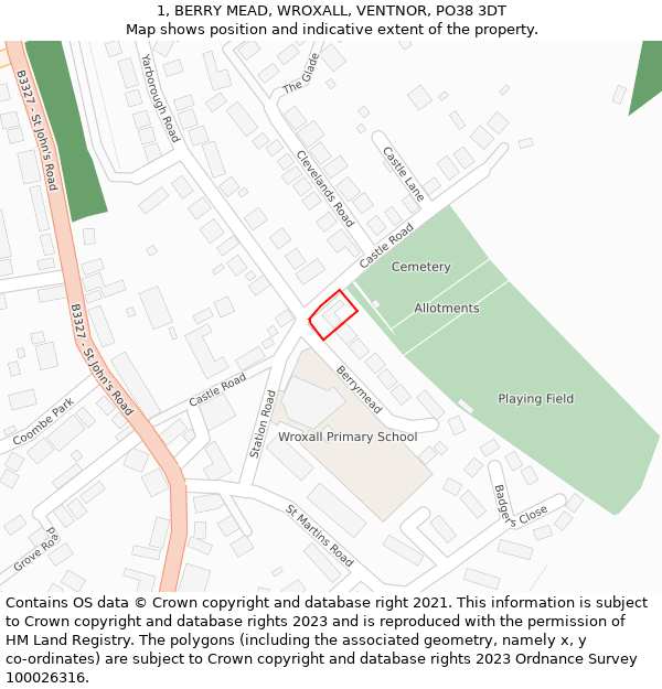 1, BERRY MEAD, WROXALL, VENTNOR, PO38 3DT: Location map and indicative extent of plot