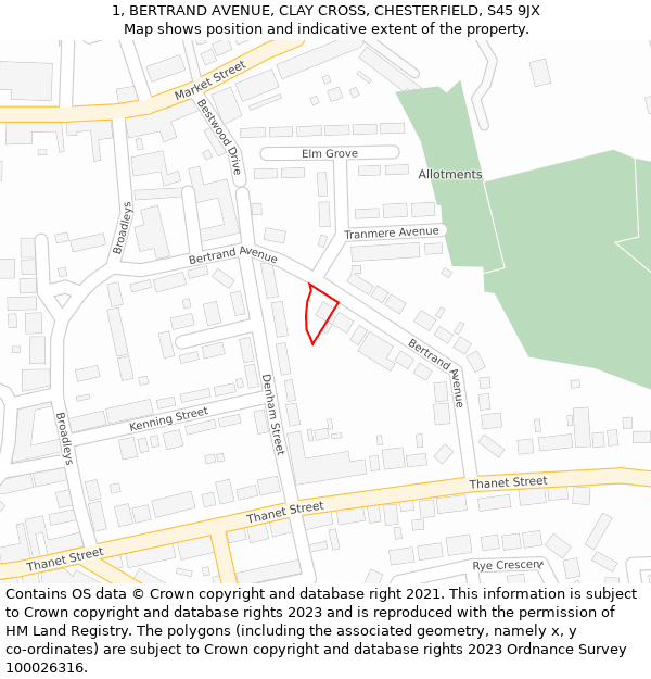 1, BERTRAND AVENUE, CLAY CROSS, CHESTERFIELD, S45 9JX: Location map and indicative extent of plot