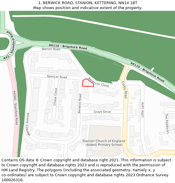 1, BERWICK ROAD, STANION, KETTERING, NN14 1BT: Location map and indicative extent of plot