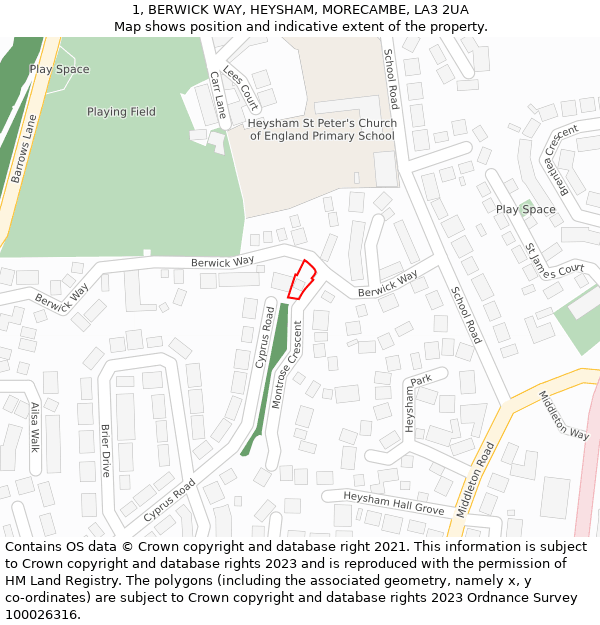 1, BERWICK WAY, HEYSHAM, MORECAMBE, LA3 2UA: Location map and indicative extent of plot