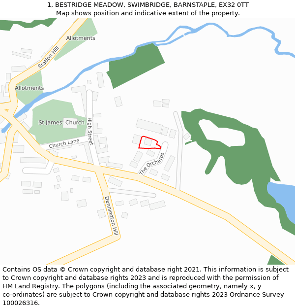 1, BESTRIDGE MEADOW, SWIMBRIDGE, BARNSTAPLE, EX32 0TT: Location map and indicative extent of plot