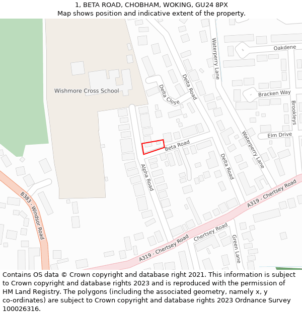 1, BETA ROAD, CHOBHAM, WOKING, GU24 8PX: Location map and indicative extent of plot