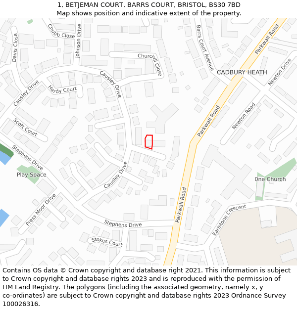 1, BETJEMAN COURT, BARRS COURT, BRISTOL, BS30 7BD: Location map and indicative extent of plot