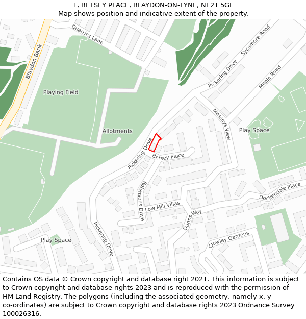 1, BETSEY PLACE, BLAYDON-ON-TYNE, NE21 5GE: Location map and indicative extent of plot