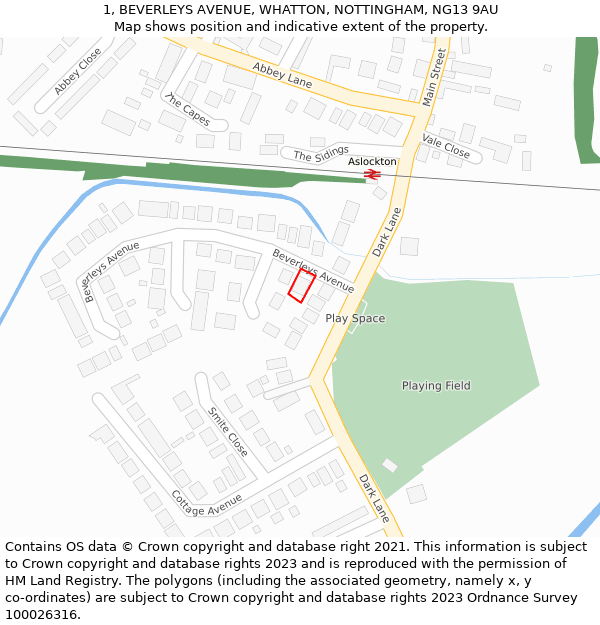 1, BEVERLEYS AVENUE, WHATTON, NOTTINGHAM, NG13 9AU: Location map and indicative extent of plot