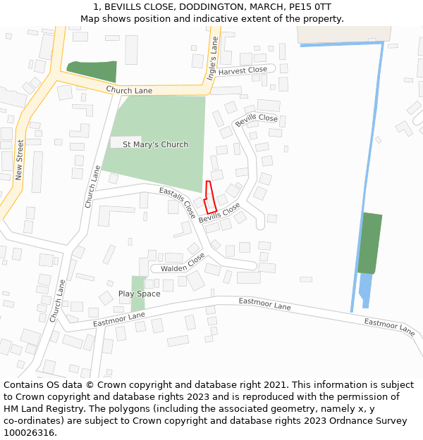 1, BEVILLS CLOSE, DODDINGTON, MARCH, PE15 0TT: Location map and indicative extent of plot