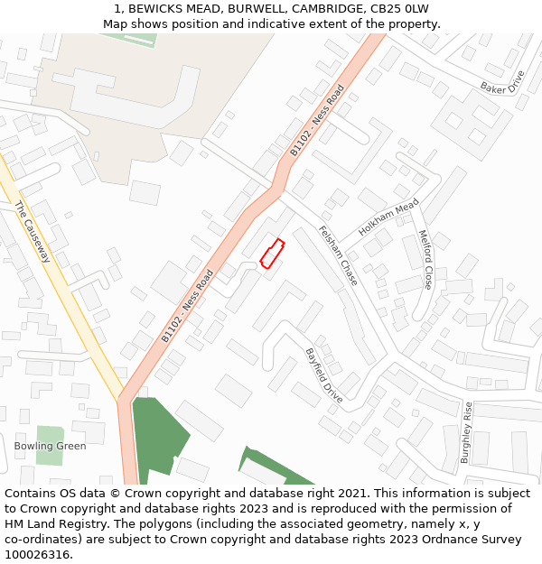 1, BEWICKS MEAD, BURWELL, CAMBRIDGE, CB25 0LW: Location map and indicative extent of plot