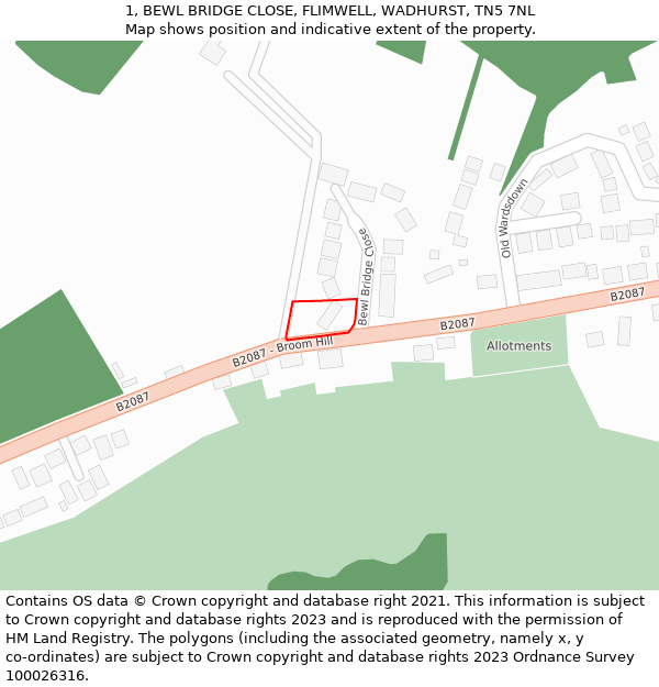 1, BEWL BRIDGE CLOSE, FLIMWELL, WADHURST, TN5 7NL: Location map and indicative extent of plot