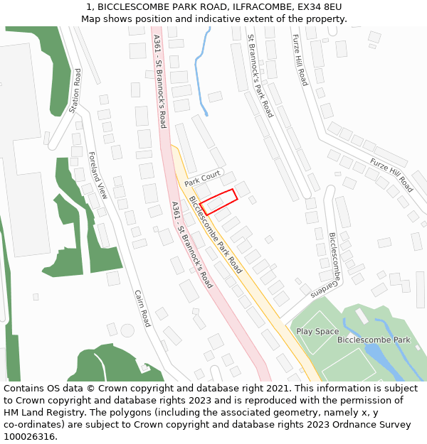 1, BICCLESCOMBE PARK ROAD, ILFRACOMBE, EX34 8EU: Location map and indicative extent of plot