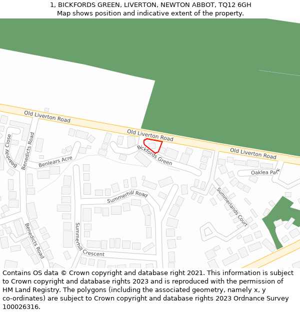 1, BICKFORDS GREEN, LIVERTON, NEWTON ABBOT, TQ12 6GH: Location map and indicative extent of plot