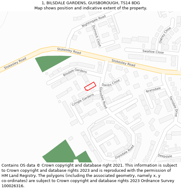 1, BILSDALE GARDENS, GUISBOROUGH, TS14 8DG: Location map and indicative extent of plot